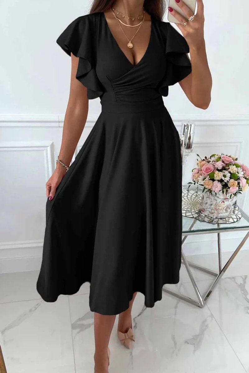 Women's Ruffle-Sleeve V-Neck Fall Midi Dress High-Waist A-Line