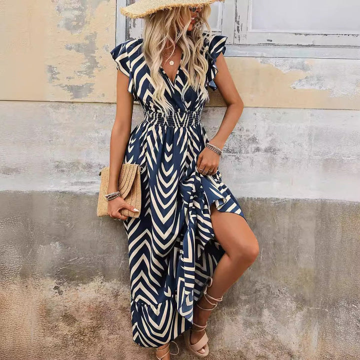 Women's Ruffle-Sleeve V-Neck Geometric Print Fall Midi Dress