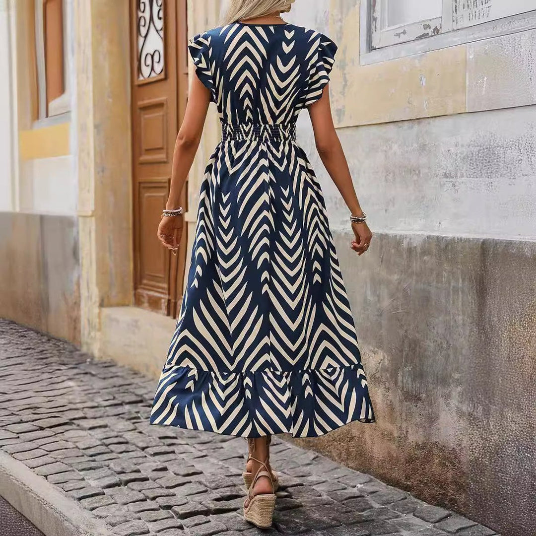 Women's Ruffle-Sleeve V-Neck Geometric Print Fall Midi Dress