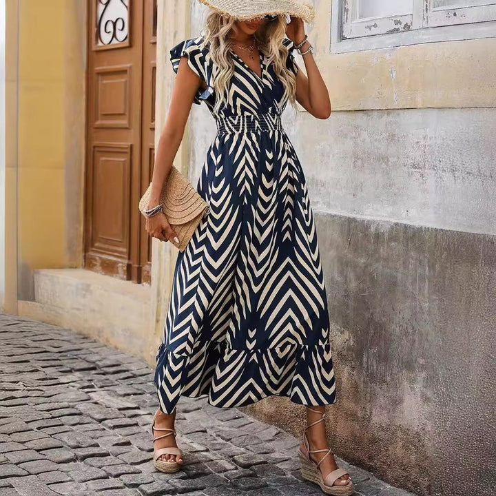 Women's Ruffle-Sleeve V-Neck Geometric Print Fall Midi Dress