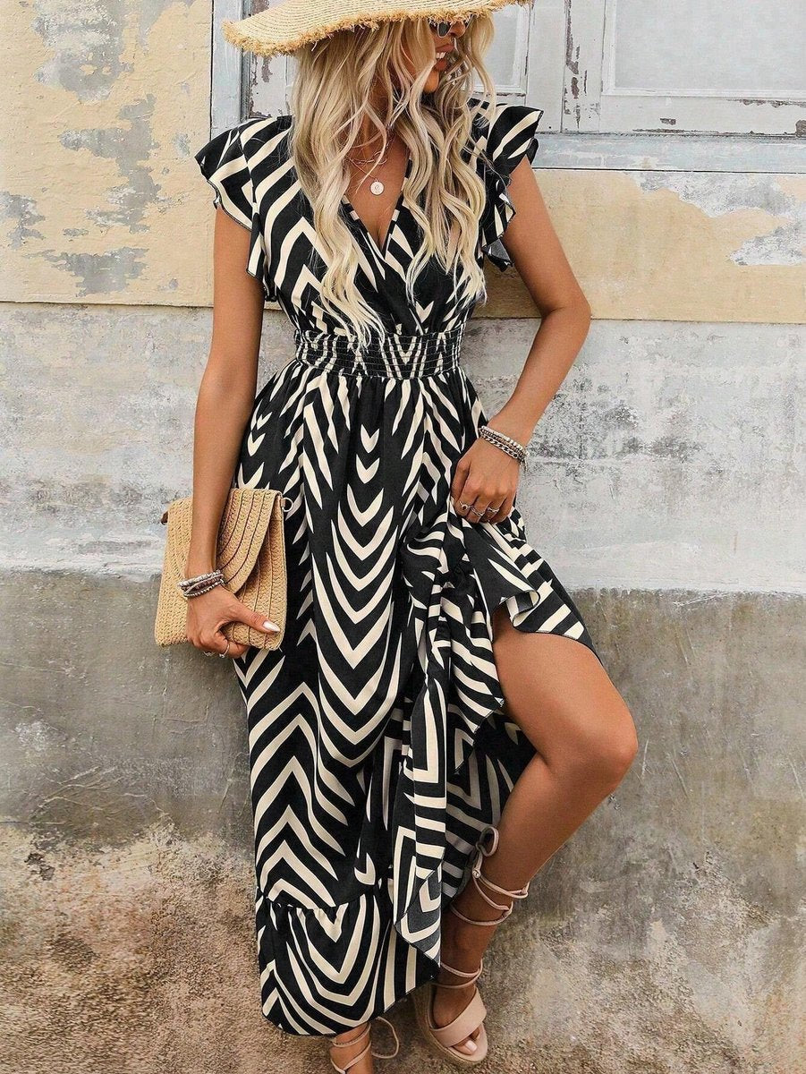 Women's Ruffle-Sleeve V-Neck Geometric Print Fall Midi Dress