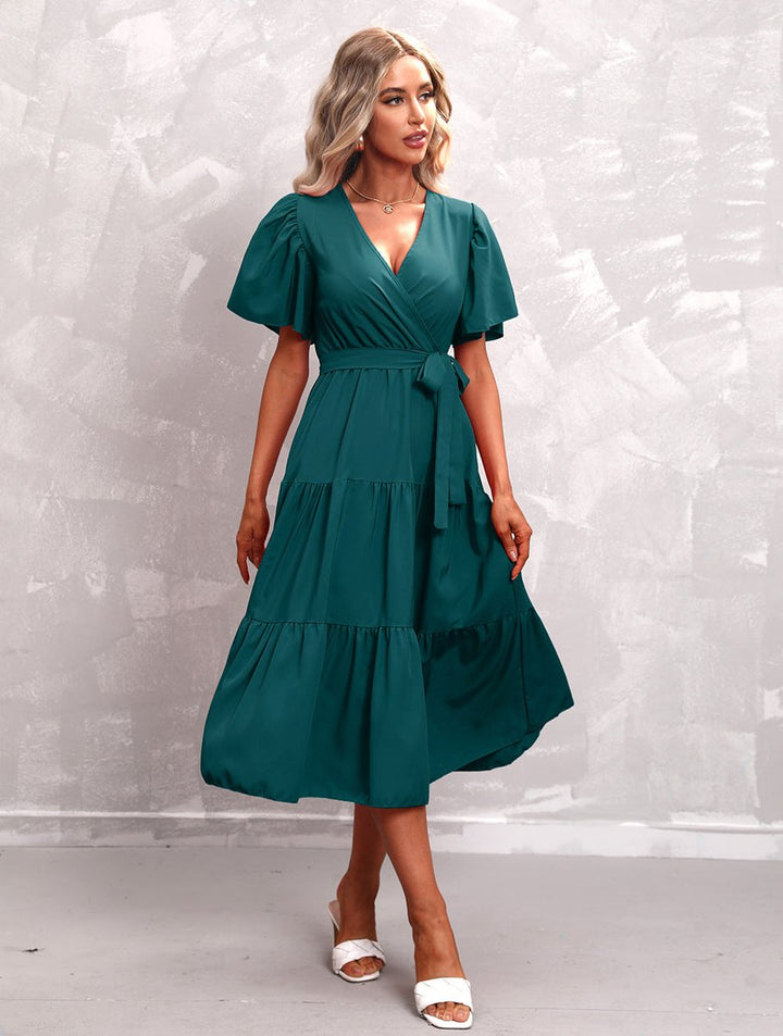 Women's Ruffle Tiered Wrap Fall Midi Dress Flutter Sleeves