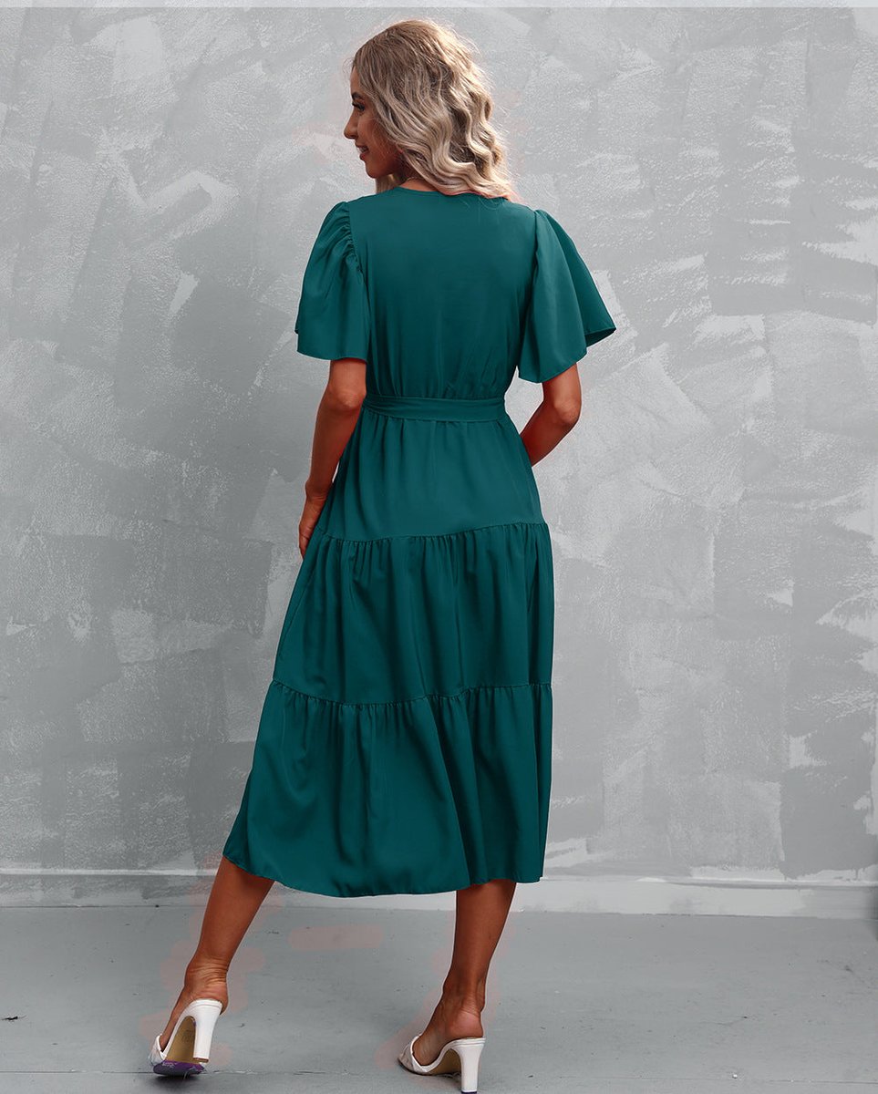 Women's Ruffle Tiered Wrap Fall Midi Dress Flutter Sleeves