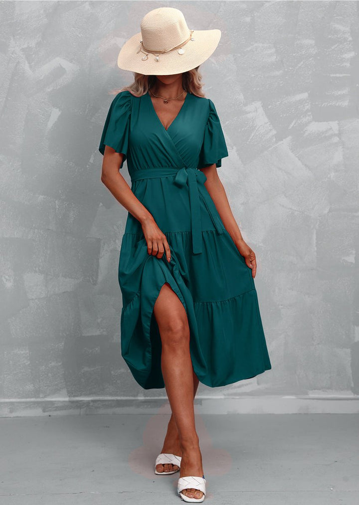 Women's Ruffle Tiered Wrap Fall Midi Dress Flutter Sleeves