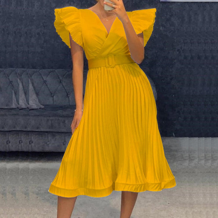 Women's Ruffled Sleeve Belted Pleated Midi Formal Dress