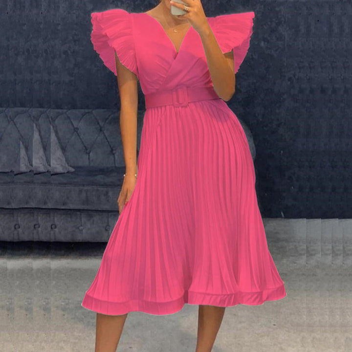Women's Ruffled Sleeve Belted Pleated Midi Formal Dress