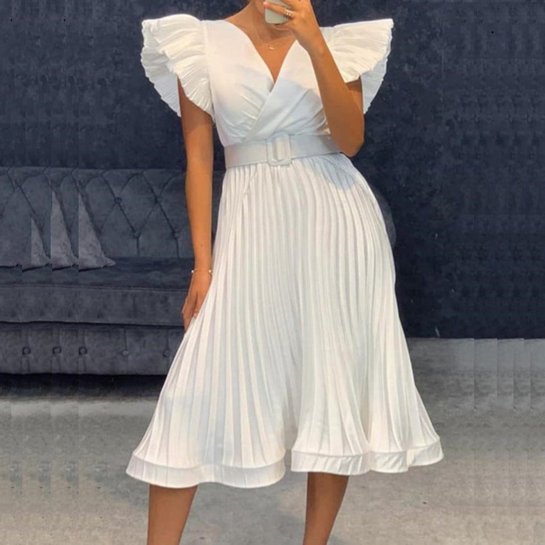 Women's Ruffled Sleeve Belted Pleated Midi Formal Dress