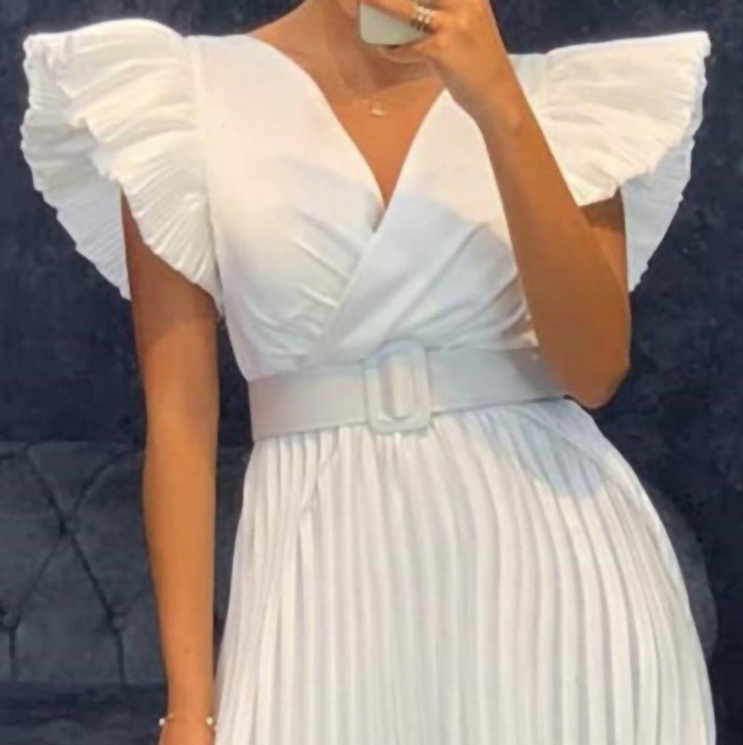 Women's Ruffled Sleeve Belted Pleated Midi Formal Dress