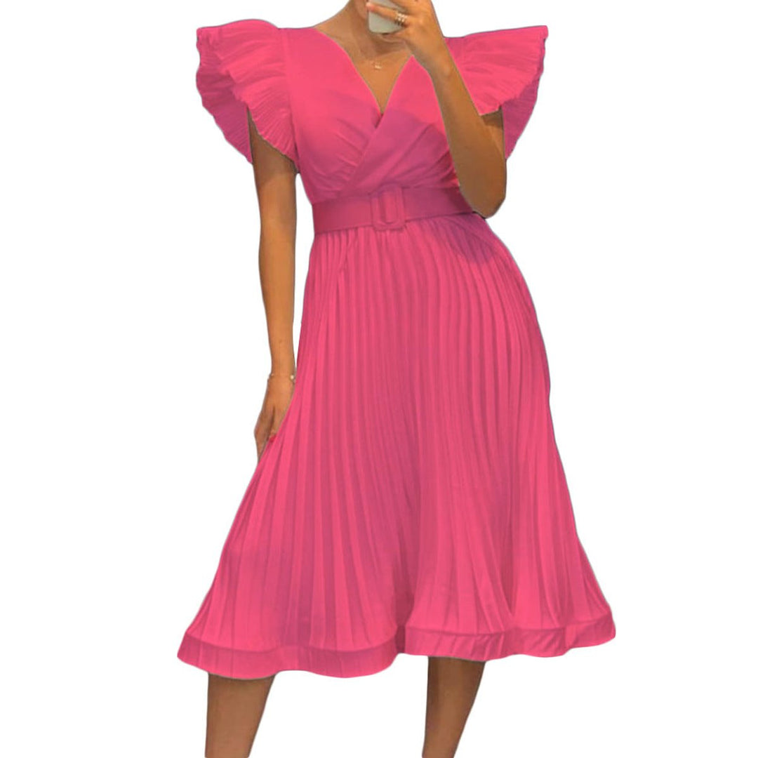 Women's Ruffled Sleeve Belted Pleated Midi Formal Dress