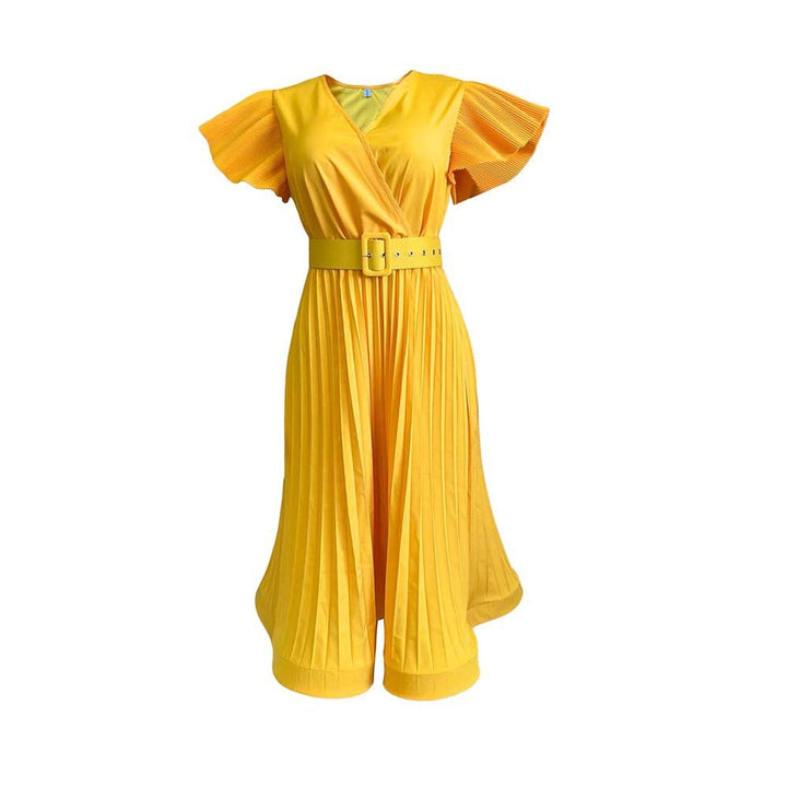 Women's Ruffled Sleeve Belted Pleated Midi Formal Dress