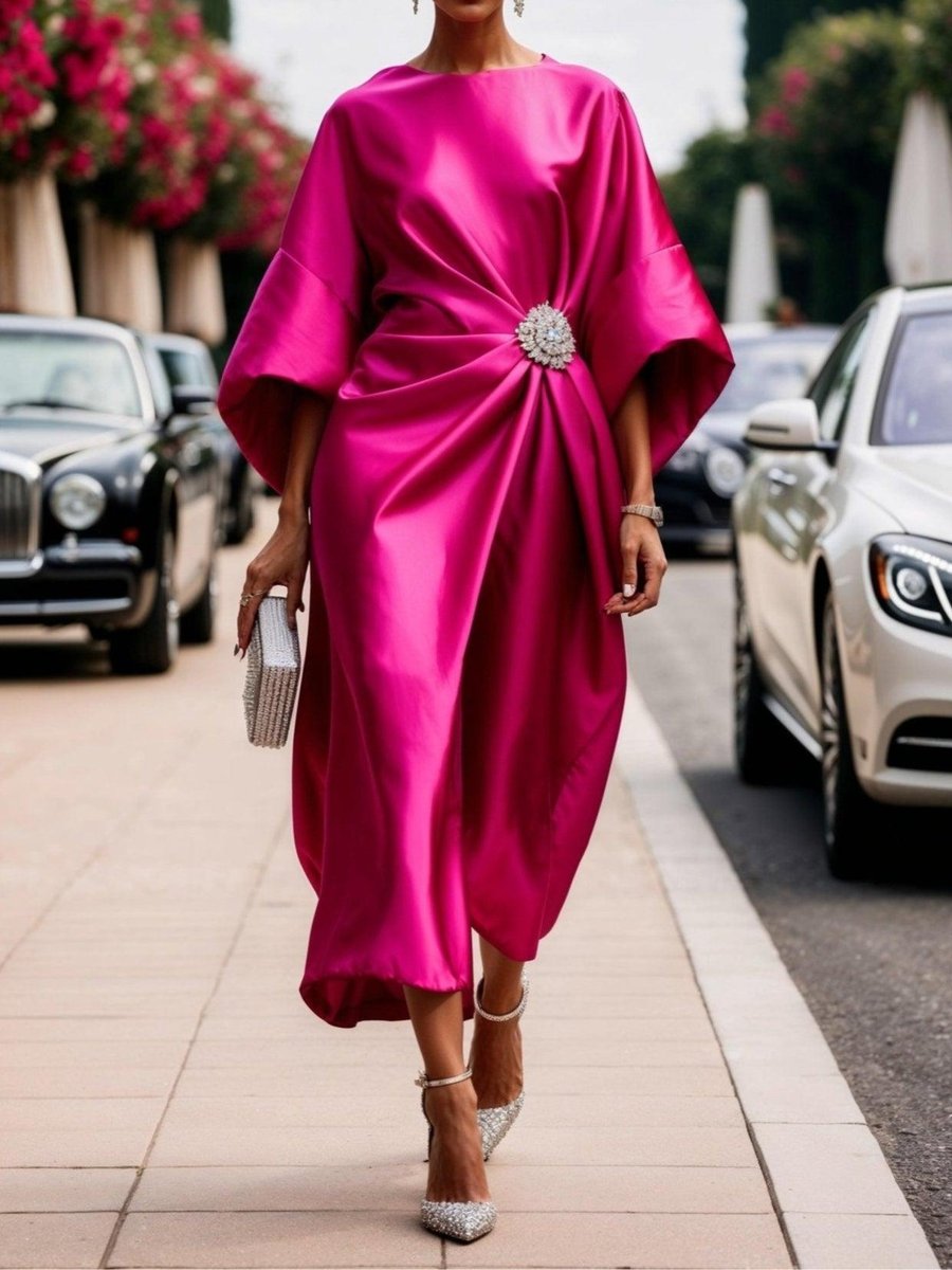 Women's Satin Batwing-Sleeve Brooch-Waist Midi Formal Dress