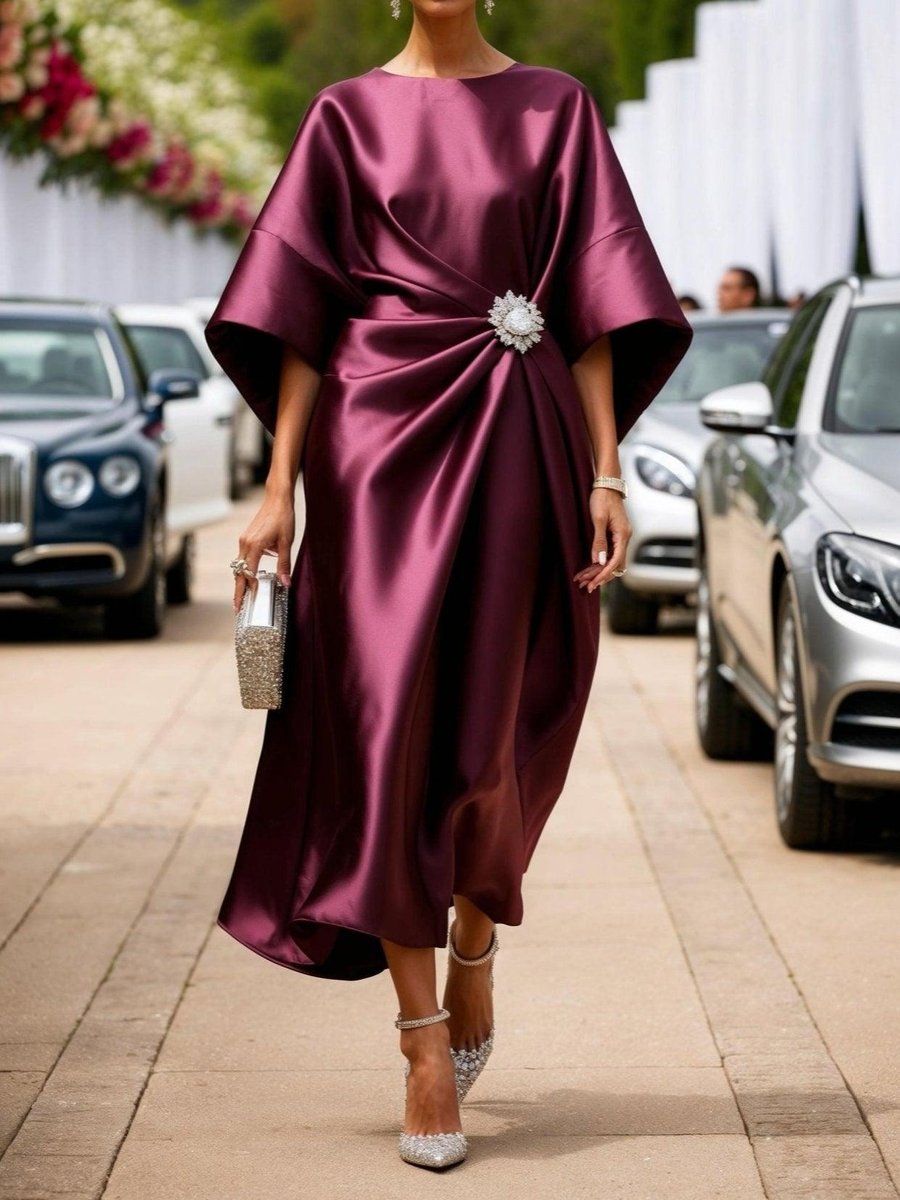 Women's Satin Batwing-Sleeve Brooch-Waist Midi Formal Dress