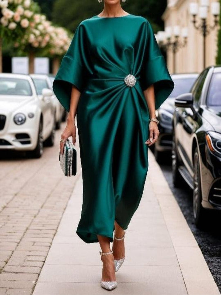 Women's Satin Batwing-Sleeve Brooch-Waist Midi Formal Dress