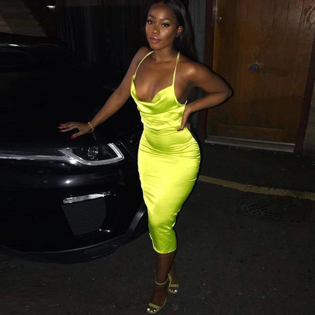 Women's Satin Bodycon Fall Midi Dress Open Back Cowl Neck
