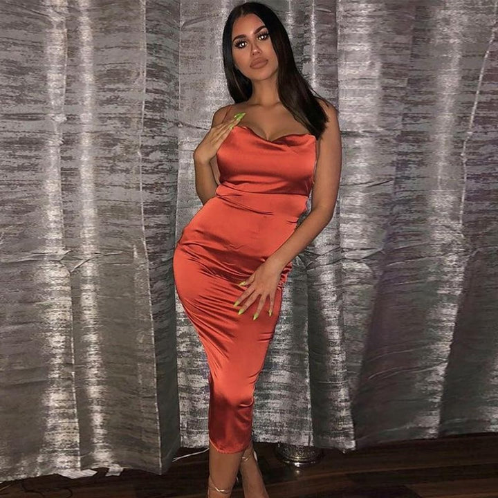 Women's Satin Bodycon Fall Midi Dress Open Back Cowl Neck