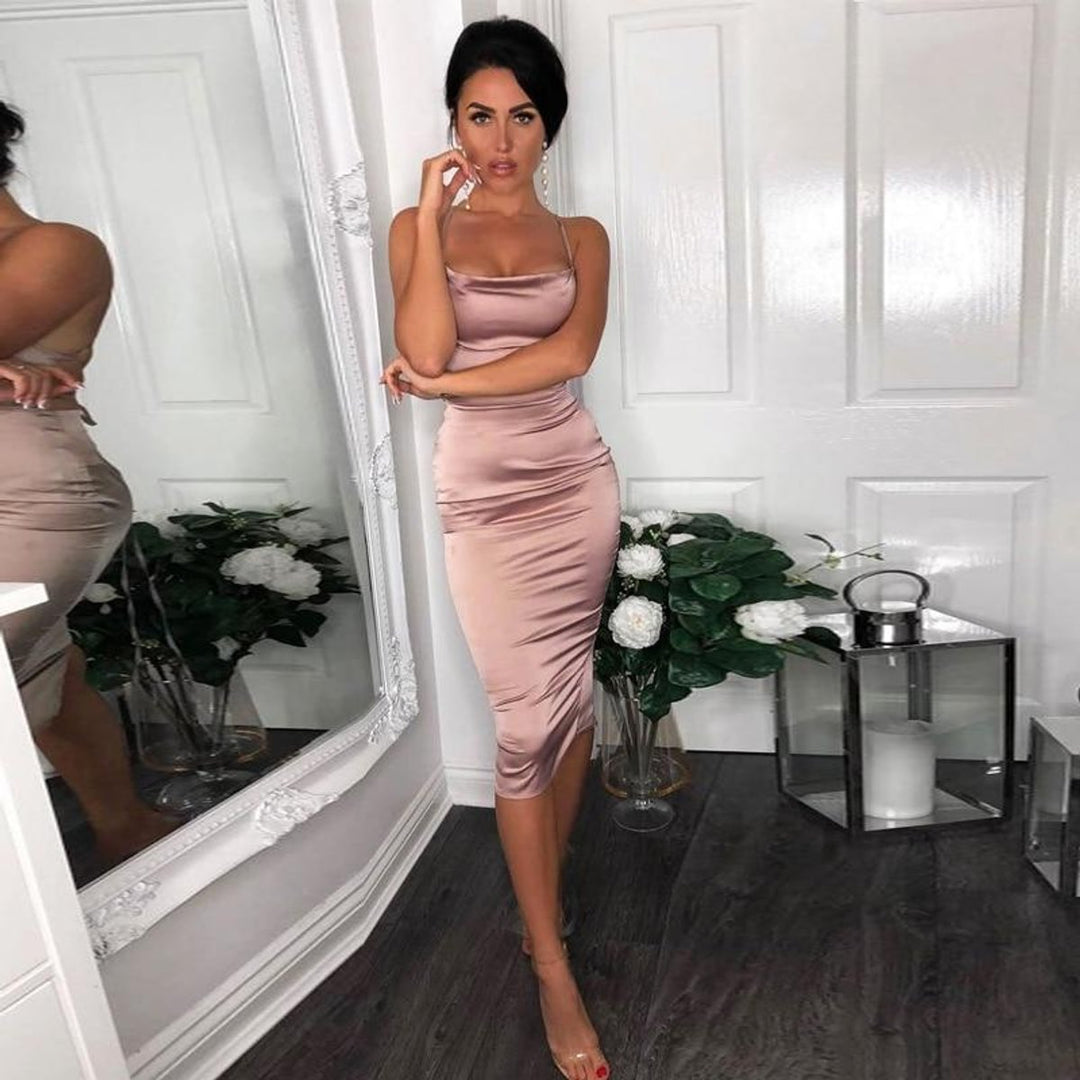 Women's Satin Bodycon Fall Midi Dress Open Back Cowl Neck