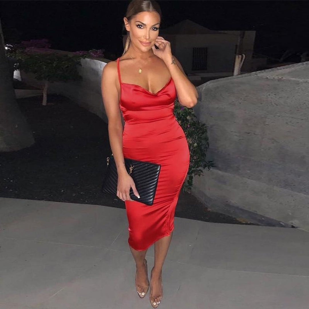 Women's Satin Bodycon Fall Midi Dress Open Back Cowl Neck