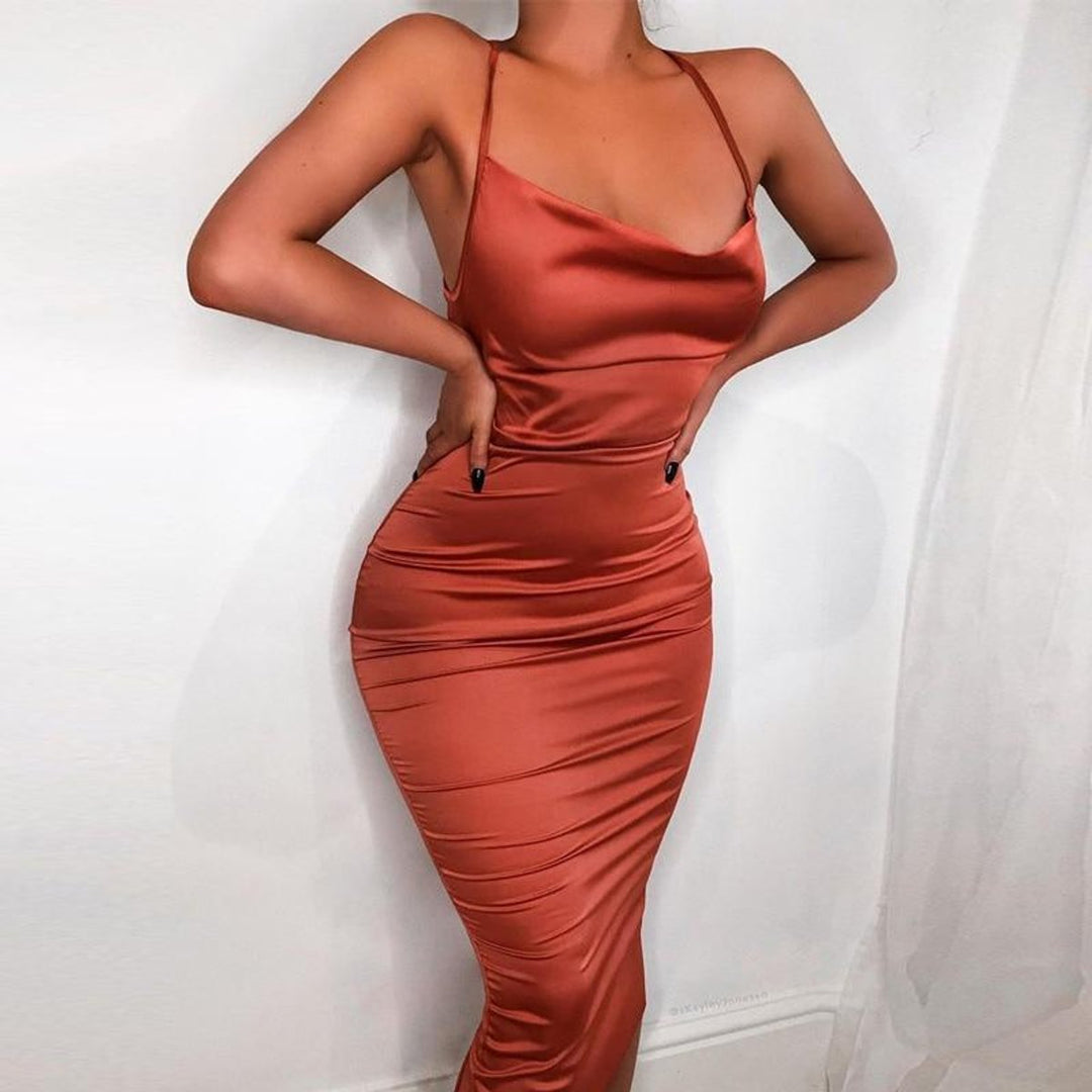 Women's Satin Bodycon Fall Midi Dress Open Back Cowl Neck