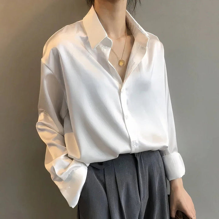 Women's Satin Button-Down Long Sleeve Blouse