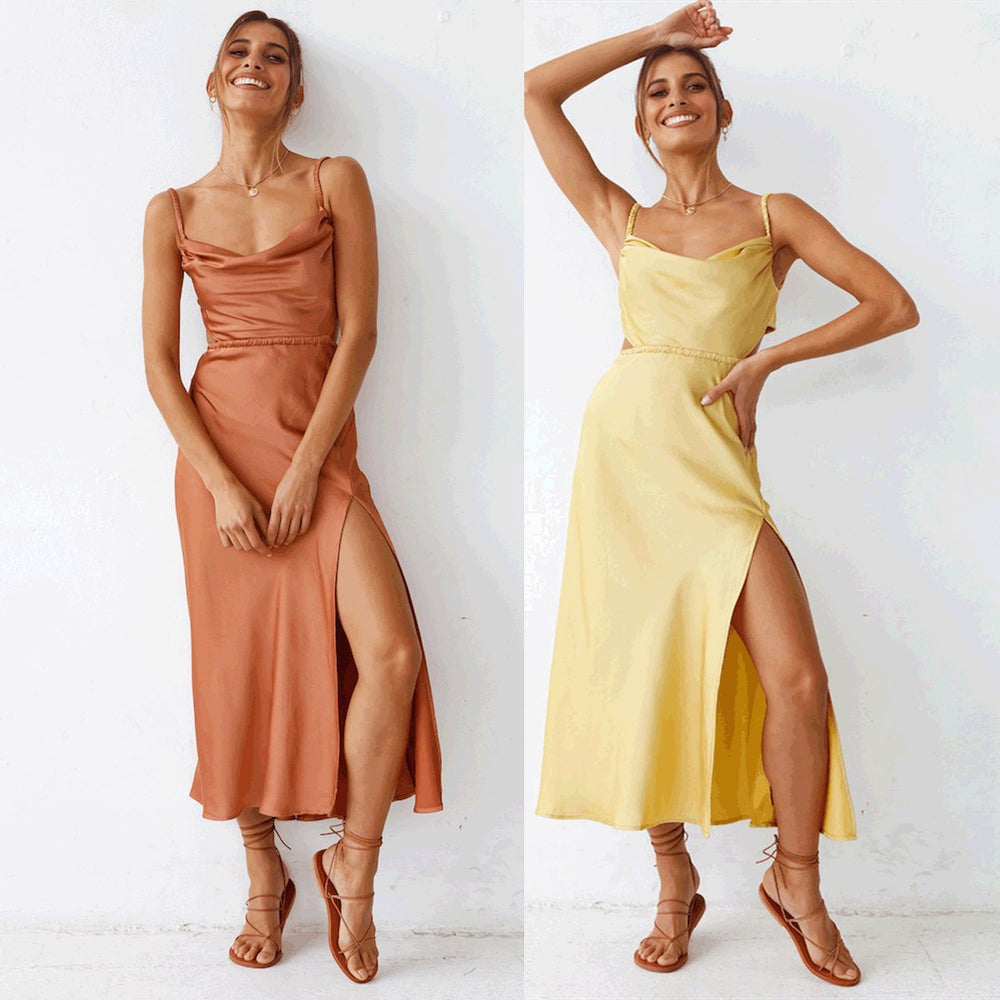Women's Satin Cowl-Neck High-Slit Fall Midi Dress