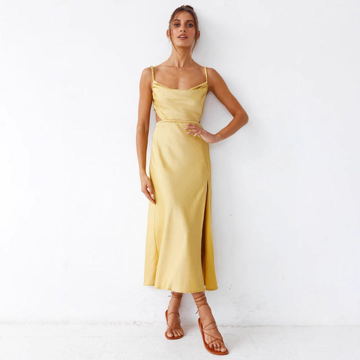 Women's Satin Cowl-Neck High-Slit Fall Midi Dress