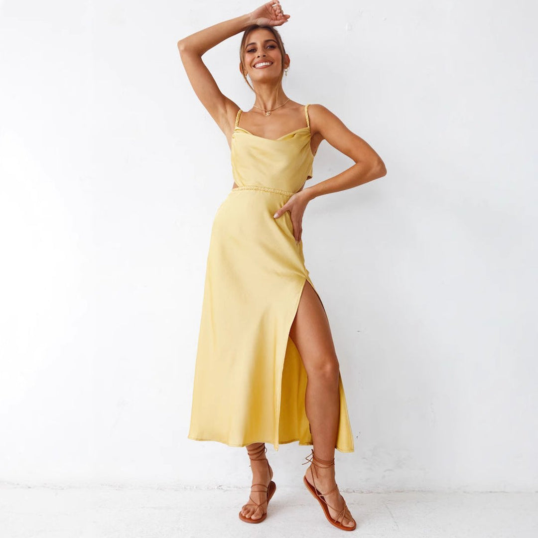 Women's Satin Cowl-Neck High-Slit Fall Midi Dress