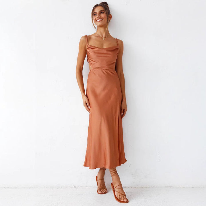 Women's Satin Cowl-Neck High-Slit Fall Midi Dress