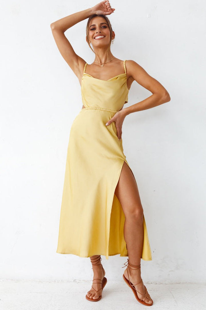 Women's Satin Cowl-Neck High-Slit Fall Midi Dress
