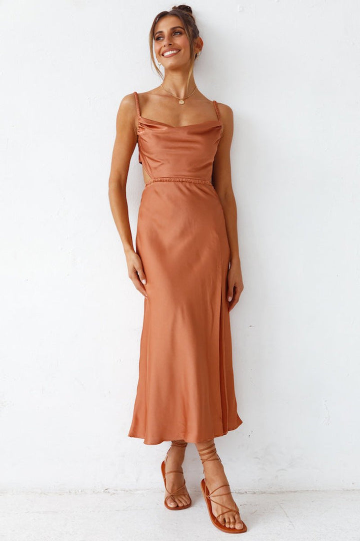 Women's Satin Cowl-Neck High-Slit Fall Midi Dress