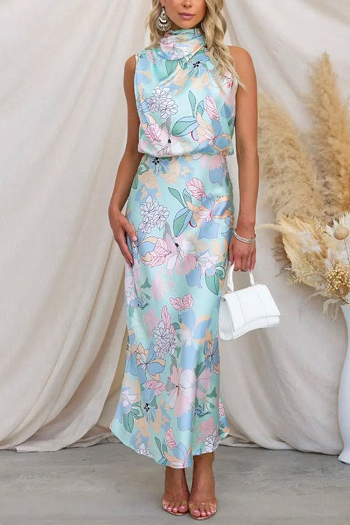 Women's Satin Floral Maxi Fall Wedding Guest Dress Turtleneck