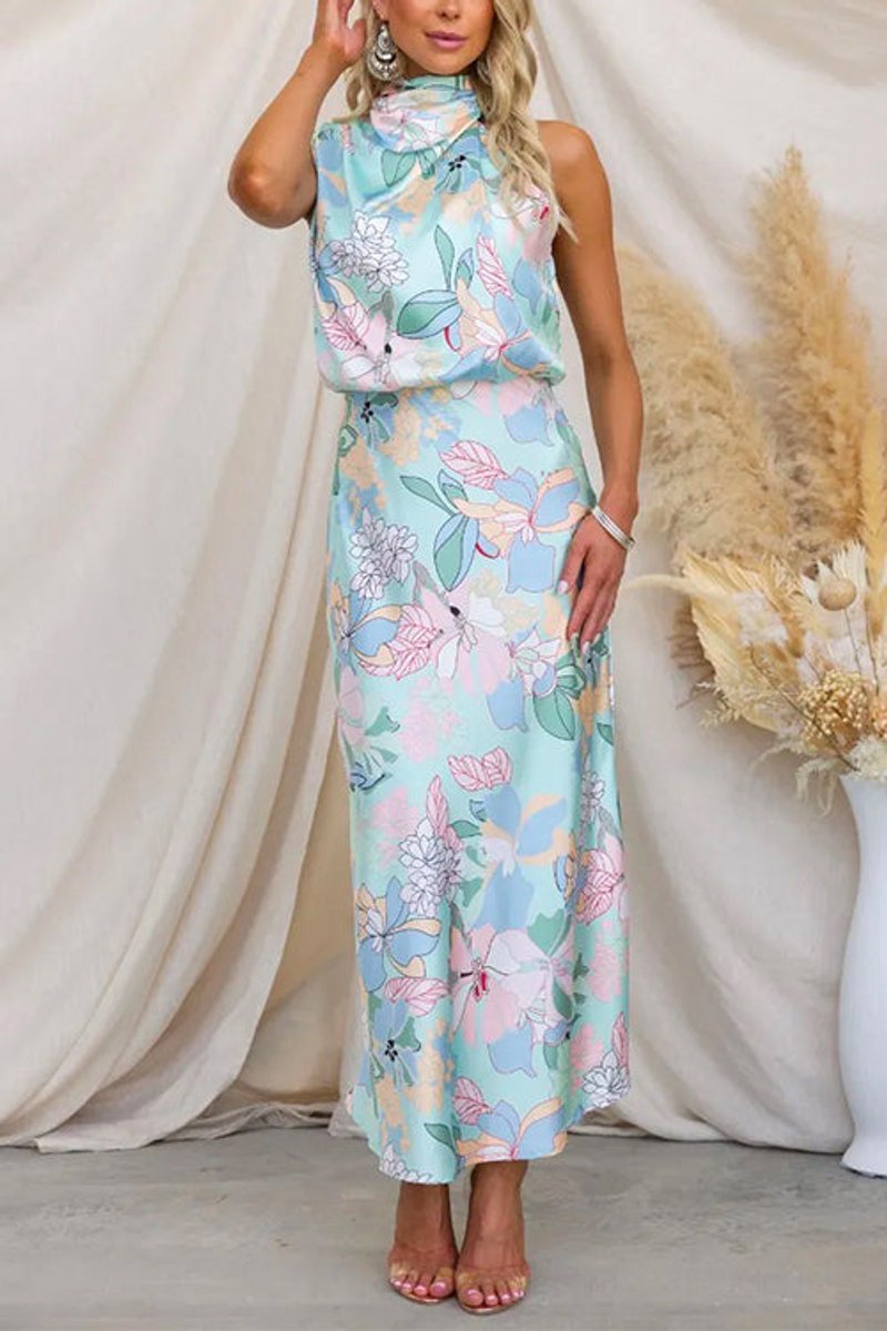 Women's Satin Floral Maxi Fall Wedding Guest Dress Turtleneck