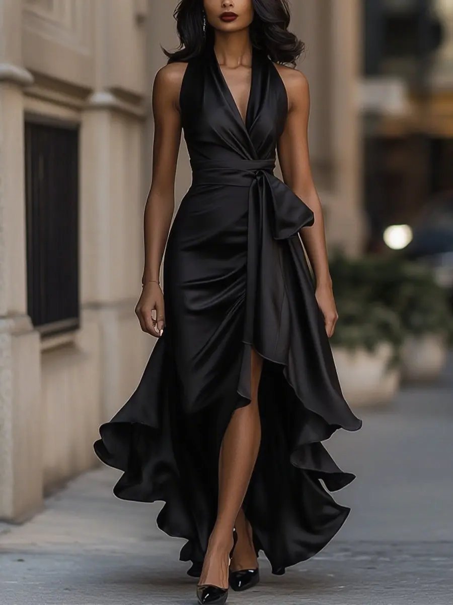Women's Satin Halter High-Low Wrap Formal Dress