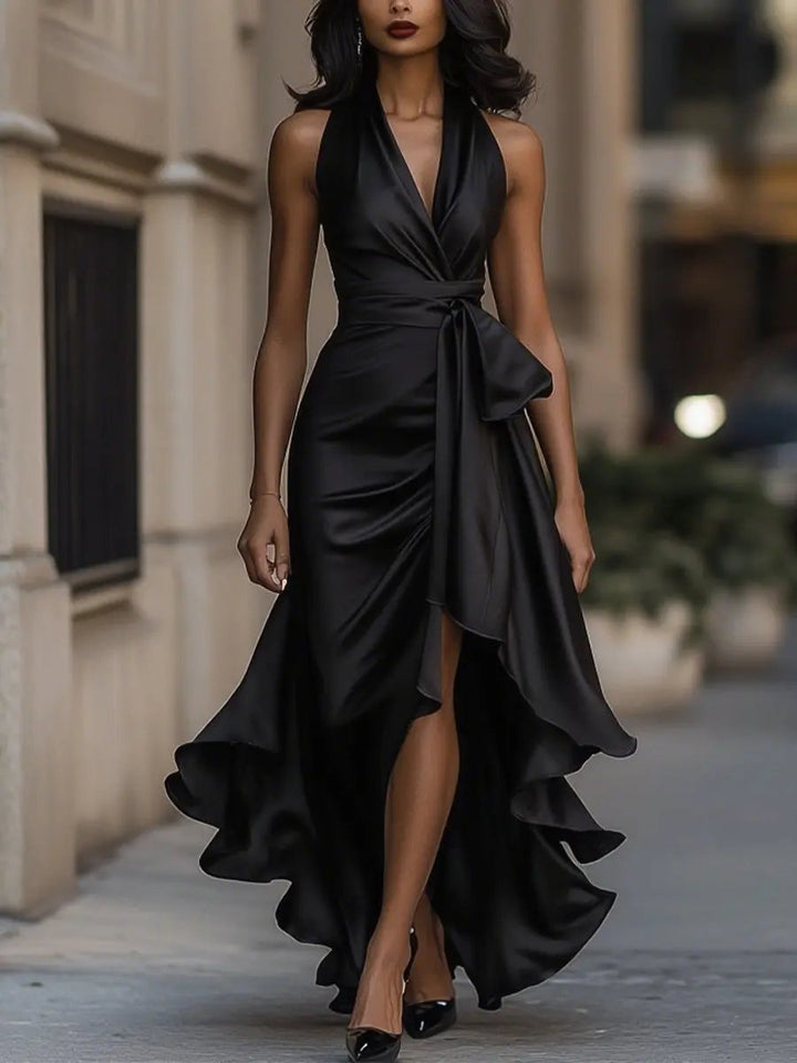 Women's Satin Halter High-Low Wrap Formal Dress