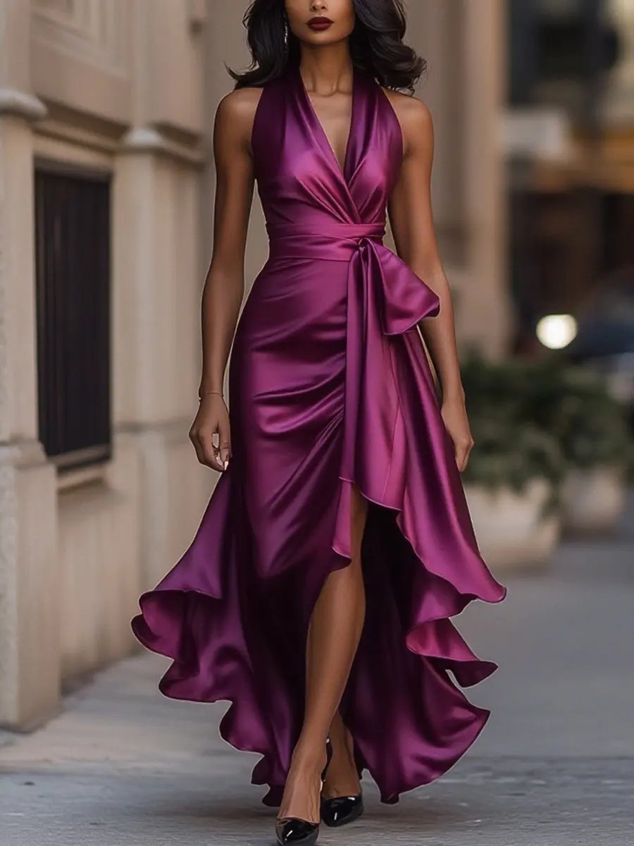 Women's Satin Halter High-Low Wrap Formal Dress