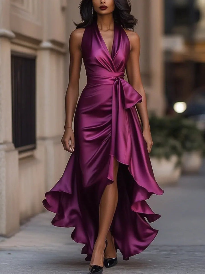 Women's Satin Halter High-Low Wrap Formal Dress