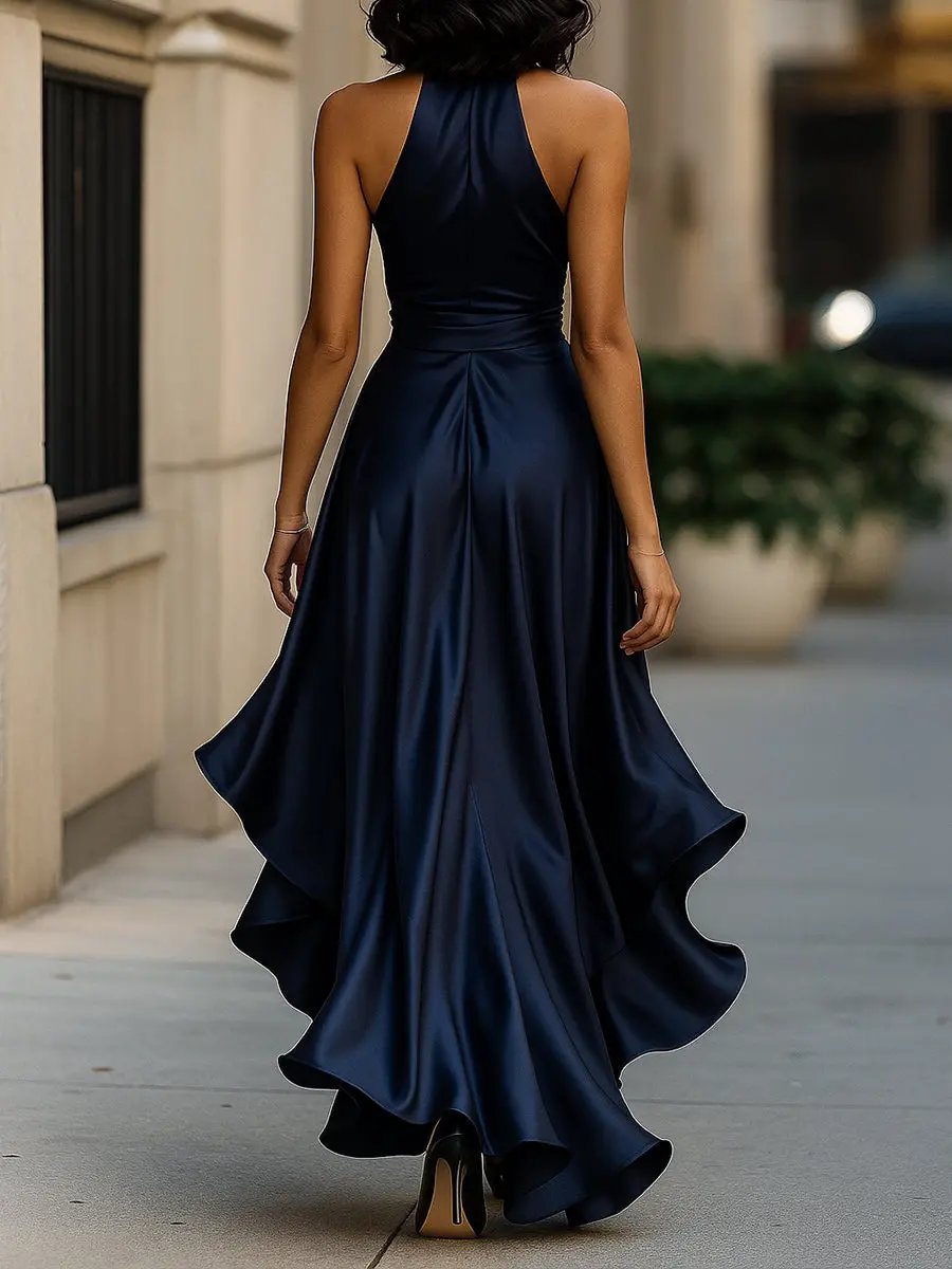 Women's Satin Halter High-Low Wrap Formal Dress