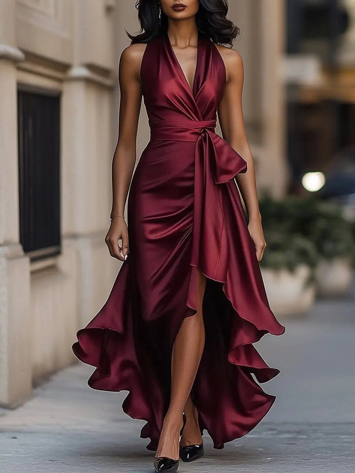 Women's Satin Halter High-Low Wrap Formal Dress