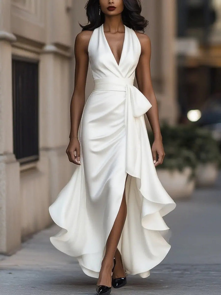 Women's Satin Halter High-Low Wrap Formal Dress