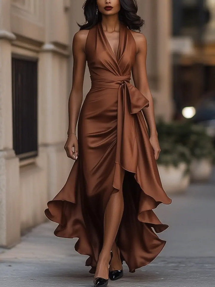 Women's Satin Halter High-Low Wrap Formal Dress