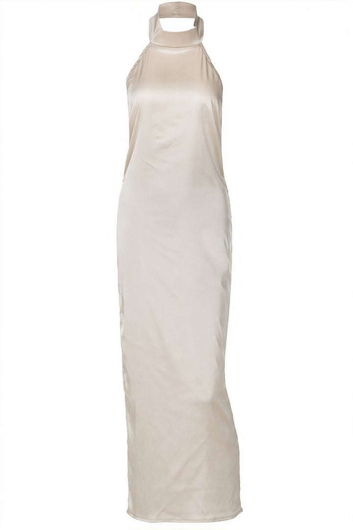 Women's Satin Halter Maxi Fall Wedding Guest Dress Open Back