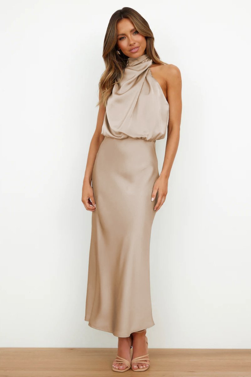 Women's Satin Halter-Neck Elegant Fall Midi Dress