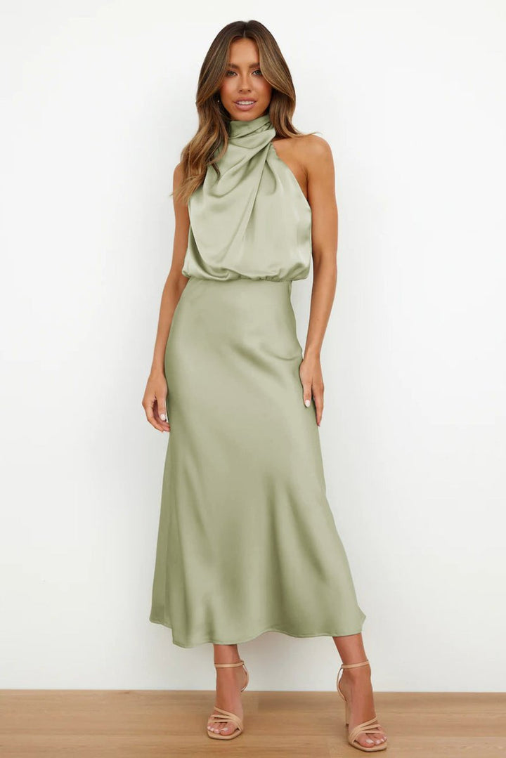 Women's Satin Halter-Neck Elegant Fall Midi Dress