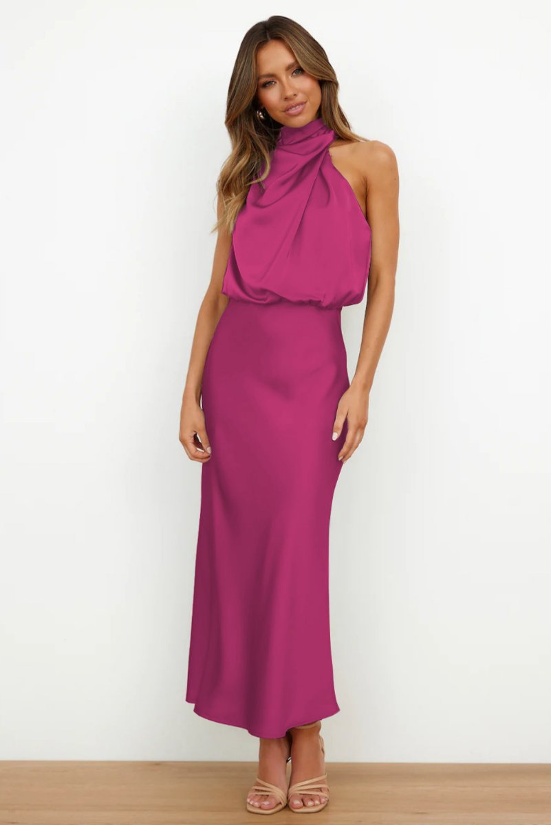 Women's Satin Halter-Neck Elegant Fall Midi Dress
