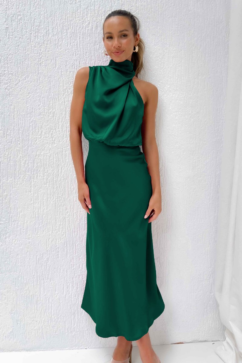 Women's Satin Halter-Neck Elegant Fall Midi Dress