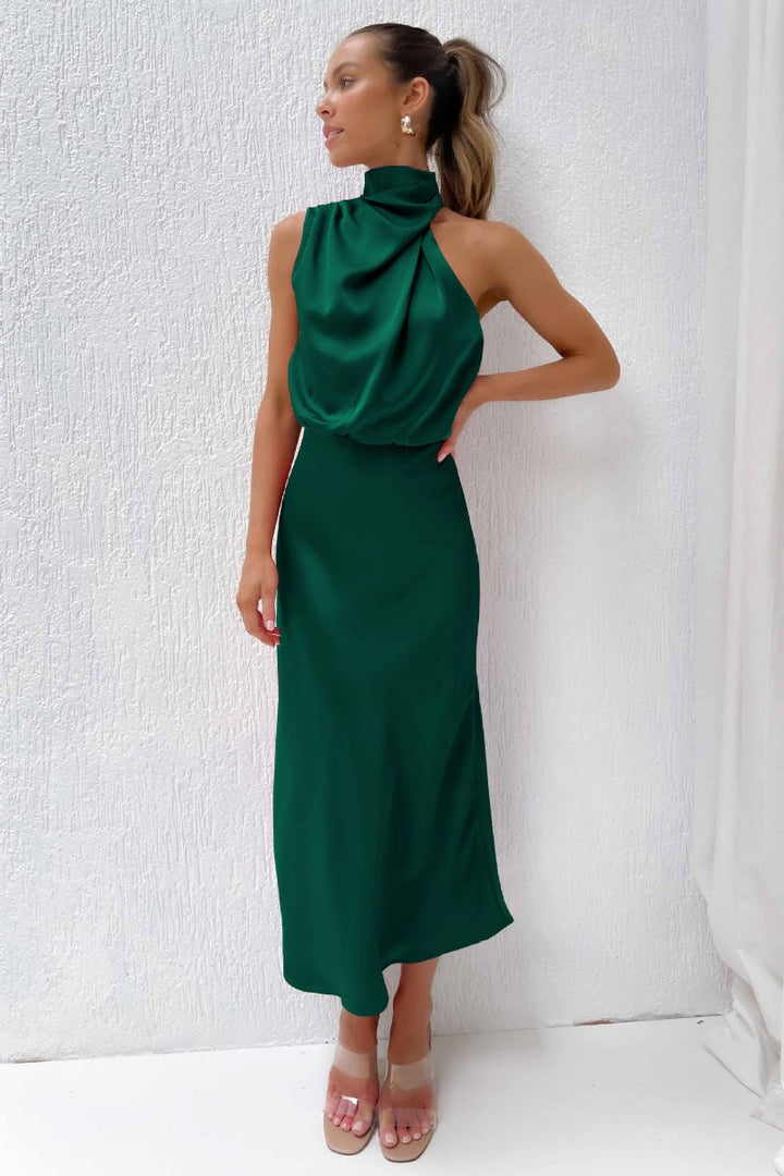 Women's Satin Halter-Neck Elegant Fall Midi Dress