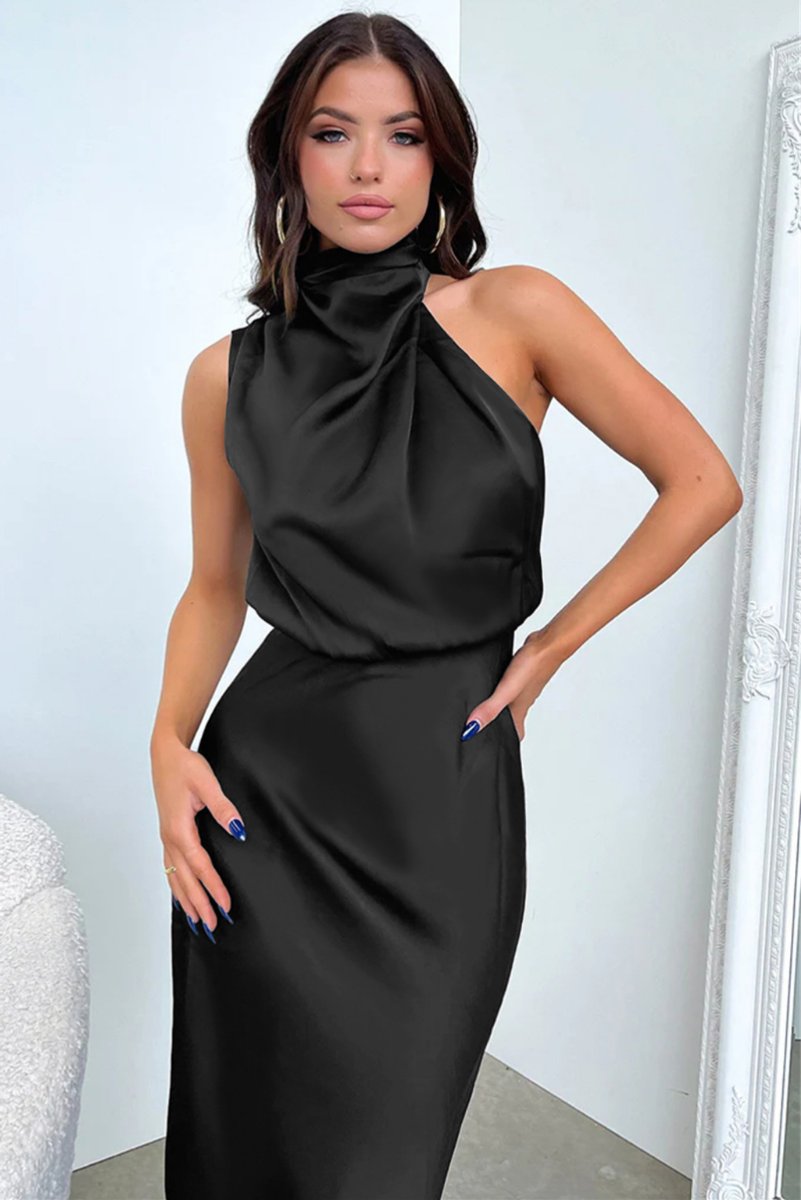 Women's Satin Halter-Neck Elegant Fall Midi Dress