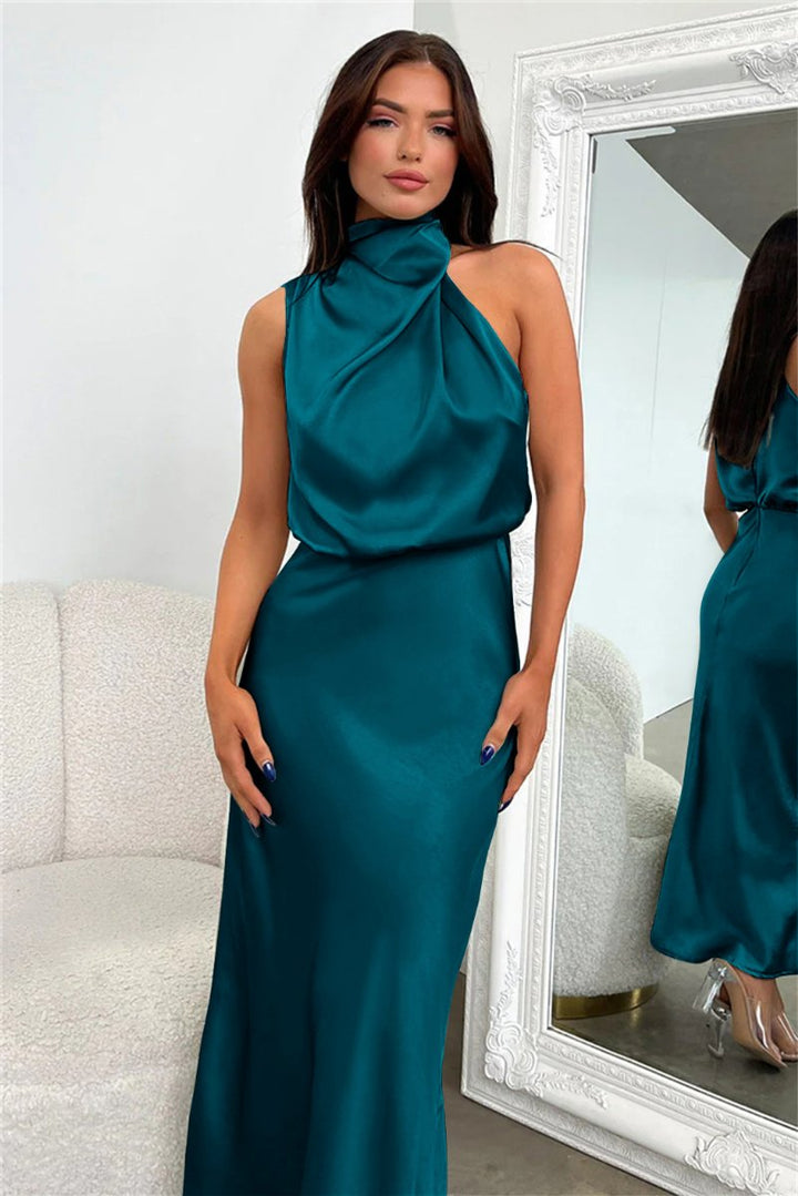 Women's Satin Halter-Neck Elegant Fall Midi Dress
