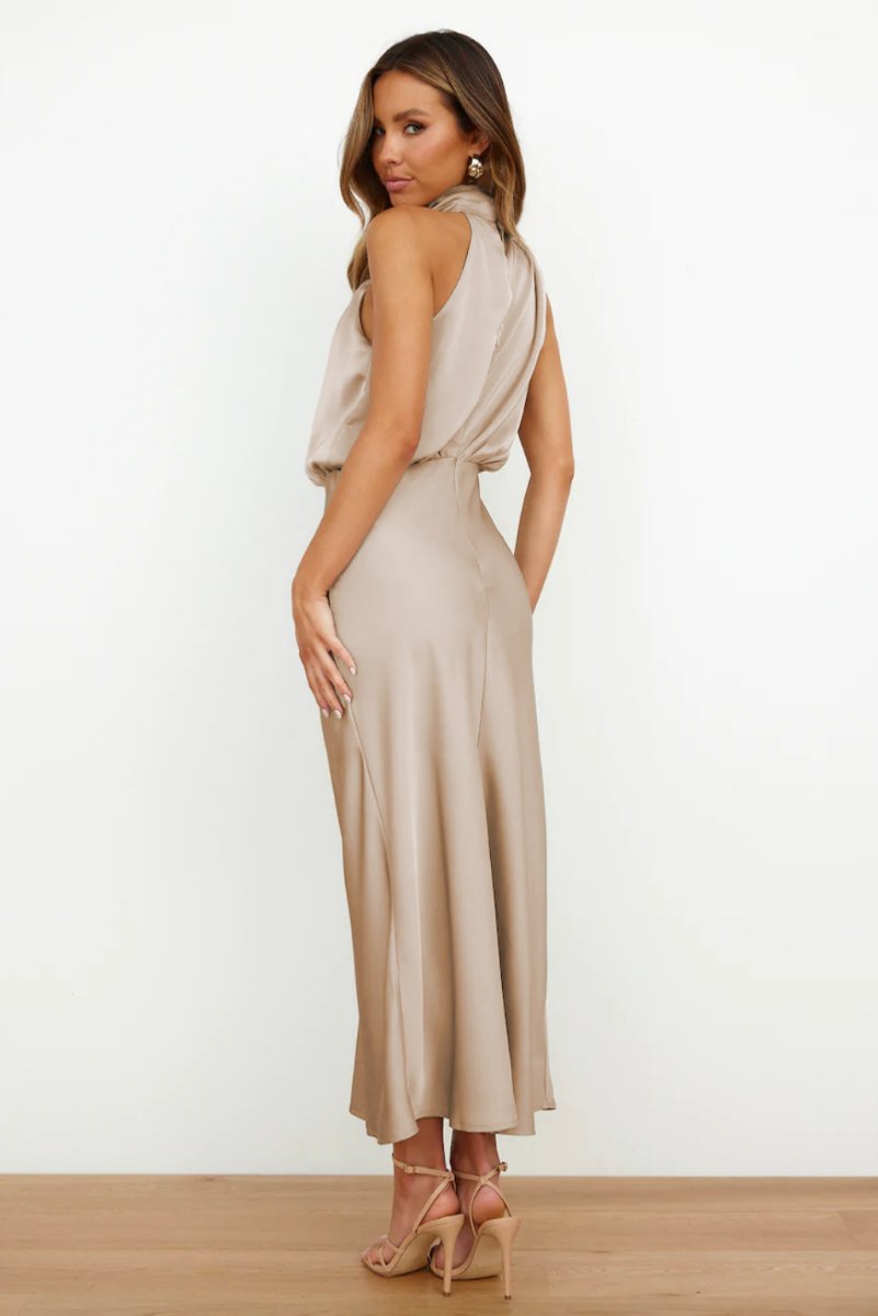 Women's Satin Halter-Neck Elegant Fall Midi Dress