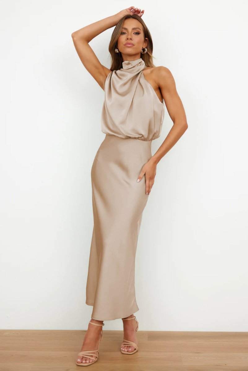 Women's Satin Halter-Neck Elegant Fall Midi Dress