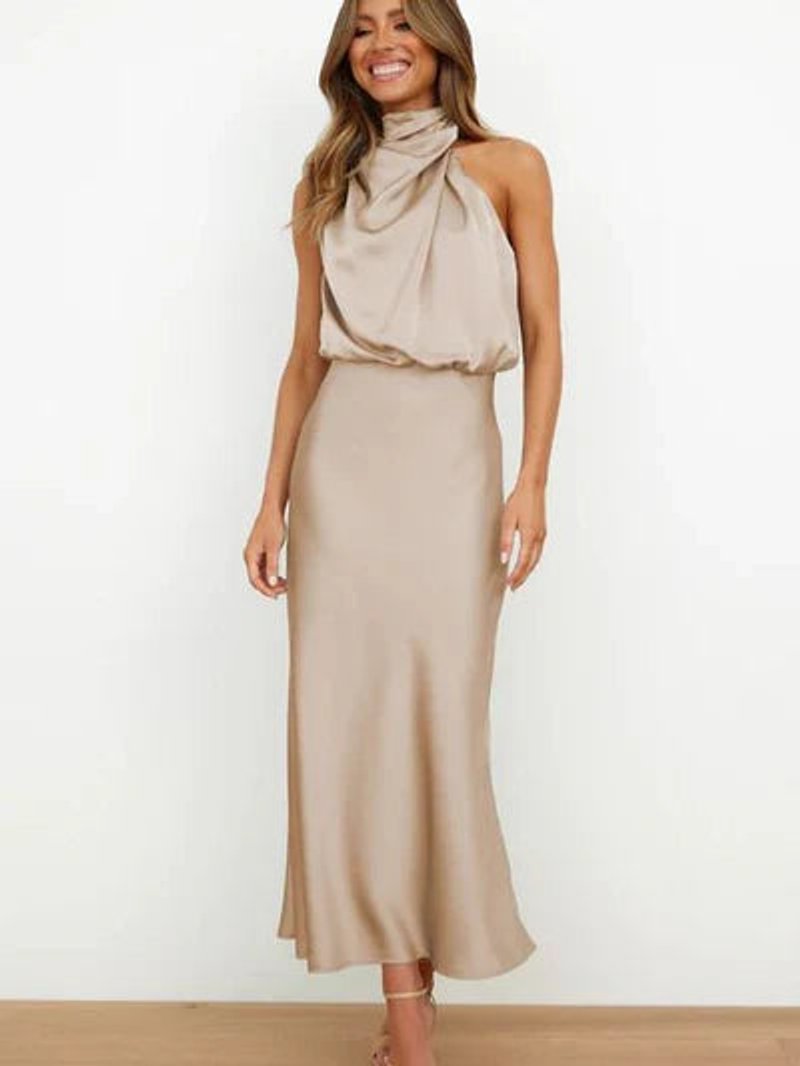 Women's Satin Halter Neck Fall Midi Dress